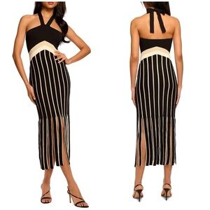 New Ramy Brook Campbell Fringe Knit Halter Dress Black Knit Sz S
